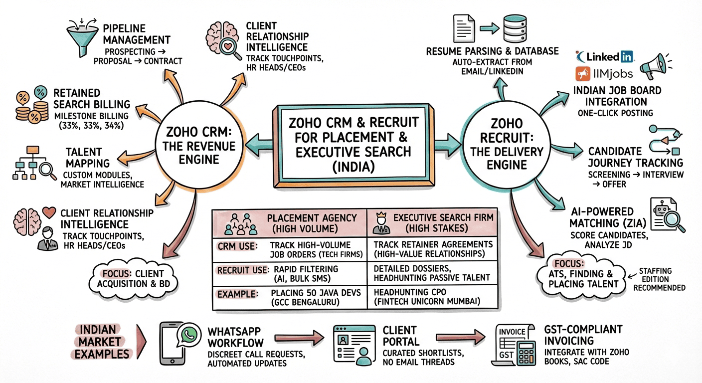 Zoho CRM and Zoho Recruit are not alternatives—they are complementary systems.